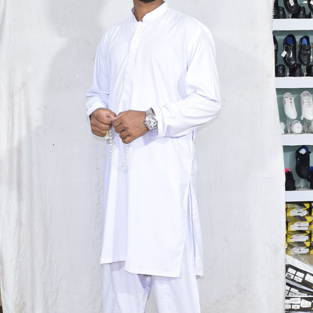 White Men's Plain Kameez Shalwar Stitched Suit MSK0001