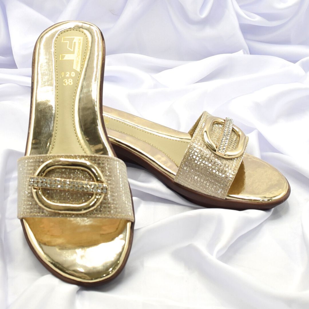 Women Golden Fancy Low Wedge Shoes SH0419